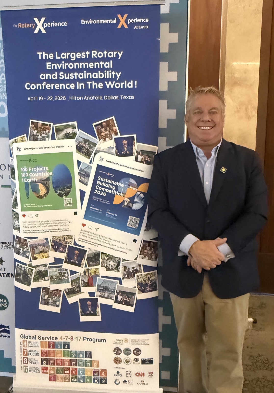 Steve Bender beside the Environmental Xperience at EarthX banner, Hilton Anatole, April 2026